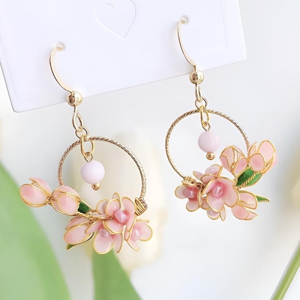 Resin Cherry Blossom Dangle Drop Earrings, Sakura Flower Earring, Spring Floral Earring, Gift for her, Romance Pink Earrings