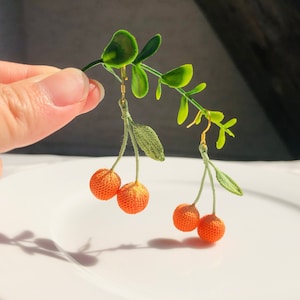 Micro Crochet Cherry Earring, Handmade Cherry Earring, Fruit Earring, Dangle Drop Earring, Gift for Cherry Lover