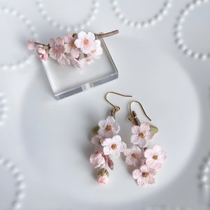 Micro Crochet Sakura Jewelry Set, Cherry Blossom Brooch, Sakura Dangle Earring, Sakura Drop Earring, Handmade Sakura Jewelry, Gift for her