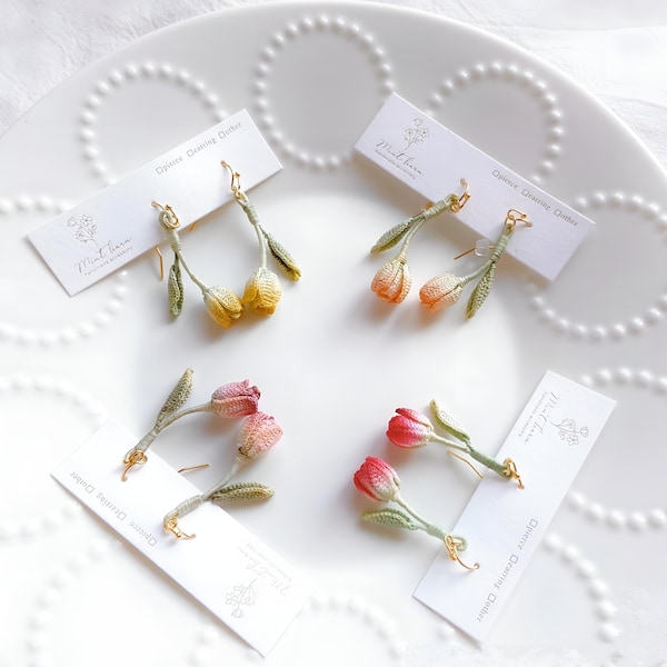 Micro Crochet Flower Tulip Dangle Earrings, Floral Earrings, Handmade earring, Flower earring, Gift for mother, Dangle Drop Earrings