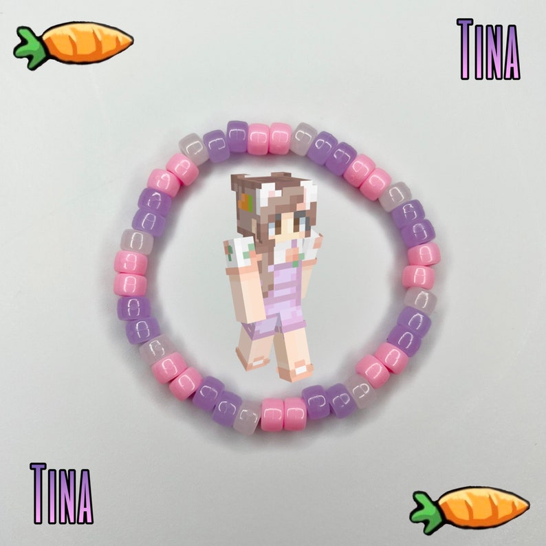 May include: A pink and purple beaded bracelet with the name "TINA" written on either side. A cartoon character is in the center of the bracelet.