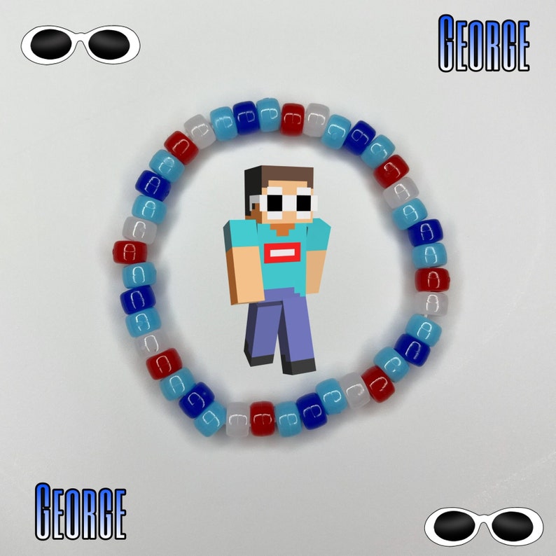 May include: A white, red, and blue beaded bracelet with the name "GEORGE" printed on the white background. A pixelated character with white sunglasses is in the center of the bracelet.