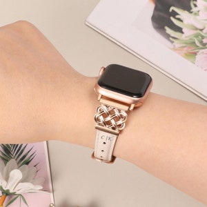エレガントなスリムレザー Apple Watch バンド レディース 38/40/41/42/44/45/46/49 mm - ケルトノットデザイン レザーストラップ iWatch Series 10/9/8-1/SE用