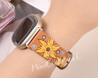 Leather Fitbit Versa 4 Band/Versa 3 Band/Fitbit Sense 2/Sense Band Women, Boho Western Embossed Sunflower Designer Strap for Versa 4