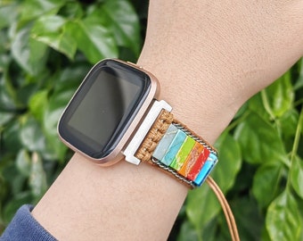 Bracelet de montre Fitbit Versa 2 bandes Boho Stone Fitbit Versa Lite/Versa pour femme, bracelet de montre tressé en corde de pierre d'énergie à boucle solo fait main