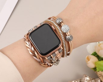 Leather Band Apple Watch Band 38mm 40mm 41mm 42mm 44mm 45mm 49mm Women, Multilayer Boho Bead Wrap Weave Leather Strap for iWatch Band Series