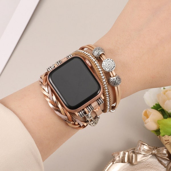 Leather Band Apple Watch Band 38mm 40mm 41mm 42mm 44mm 45mm 49mm Women, Multilayer Boho Bead Wrap Weave Leather Strap for iWatch Band Series