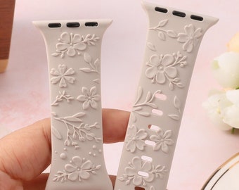 Floral Engraved Bands Apple Watch Band 40mm 41mm 38mm 42mm 44mm 45mm 49mm Women,Silicone Embossed Cherry Blossoms Band iWatch Series 9 8 7-1