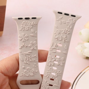 Floral Engraved Bands Apple Watch Band 40mm 41mm 38mm 42mm 44mm 45mm 49mm Women,Silicone Embossed Cherry Blossoms Band iWatch Series 9 8 7-1
