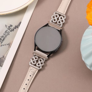 Leather Watch Band for Women - Heart & Knot Design, Compatible with Samsung Galaxy Watch 7/6/5/4/FE 40mm 44mm/Active 2, More 20mm Strap