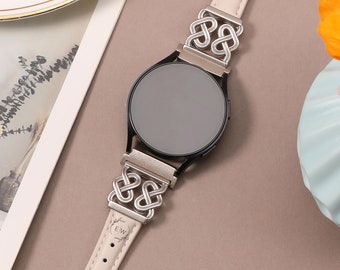 Leather Watch Band for Women - Heart & Knot Design, Compatible with Samsung Galaxy Watch 7/6/5/4/FE 40mm 44mm/Active 2, More 20mm Strap
