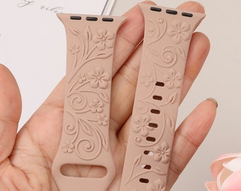 Floral Embossed Bands Apple Watch Band 38/40/41/42/44/45/49mm Women, Engraved Clematis Floral Soft Silicone 3D Straps for iWatch Series 9-1