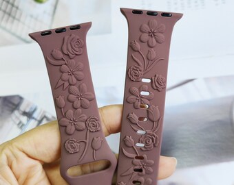 Floral Engraved Bands Apple Watch Band 40mm 41mm 38mm 42mm 44mm 45mm 49mm Women, Soft Silicone Embossed Rose Peach for iWatch Band Series