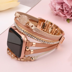 Boho Leather Bracelet Apple Watch Band 38/40/41/42/44/45/49mm Women Leather Multilayer Wrap Strap With Gemstone Crystals for iWatch Series Różowe złoto