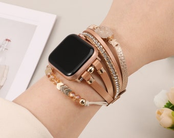 Boho Lederarmband Apple Watch Band 38/40/41/42/44/45/49mm Damen Leder Multilayer Wickelarmband mit Edelstein Kristallen für iWatch Serie