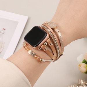 Boho Leather Bracelet Apple Watch Band 38/40/41/42/44/45/49mm Women Leather Multilayer Wrap Strap With Gemstone Crystals for iWatch Series