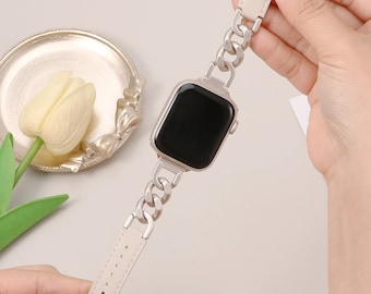 Bracelet pour Apple Watch en cuir 38 mm 40 mm 41 mm 42 mm 44 mm 45 mm 49 mm (ultra), bracelet en cuir élégant avec chaîne en acier inoxydable pour bracelets iWatch série 9 8-1SE