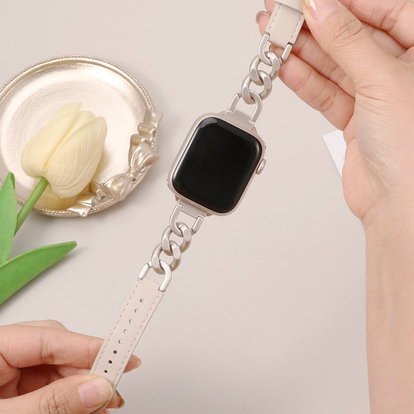 Apple Watch Band Leder 38 mm 40 mm 41 mm 42 mm 44 mm 45 mm 49 mm (Ultra), elegantes Lederarmband mit Edelstahlkette für iWatch-Bänder der Serie 9 8-1SE