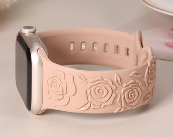 Floral Engraved Apple Watch Band: Glossy Rose Embossed Silicone Strap