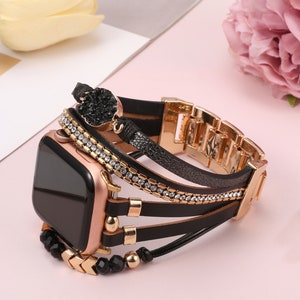 Boho Leather Bracelet Apple Watch Band 38/40/41/42/44/45/49mm Women Leather Multilayer Wrap Strap With Gemstone Crystals for iWatch Series zdjęcie 4