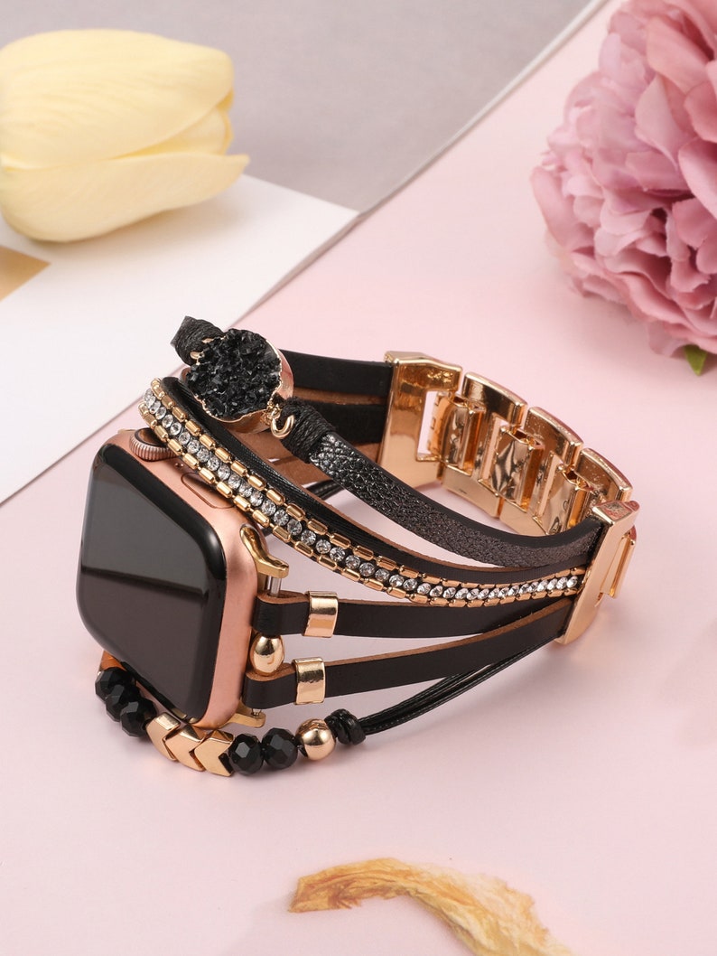 Boho Leather Bracelet Apple Watch Band 38/40/41/42/44/45/49mm Women Leather Multilayer Wrap Strap With Gemstone Crystals for iWatch Series Black/Gold