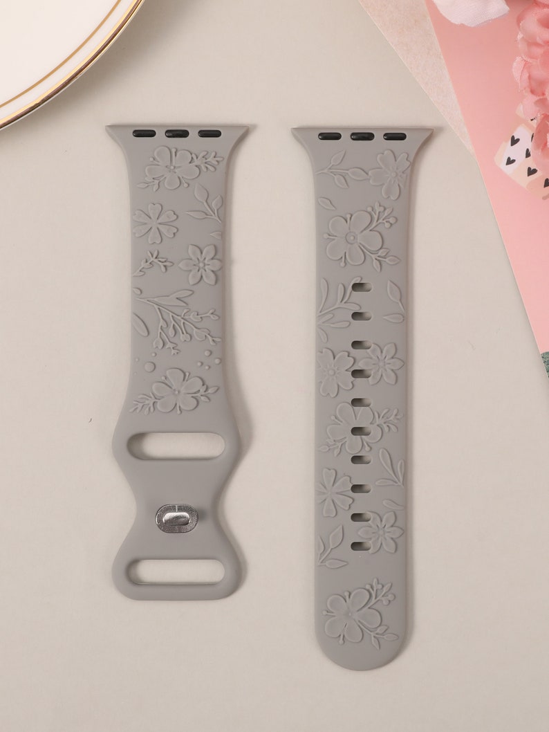 Floral Engraved Bands Apple Watch Band 40mm 41mm 38mm 42mm 44mm 45mm 49mm Women,Silicone Embossed Cherry Blossoms Band iWatch Series 9 8 7-1 Szary