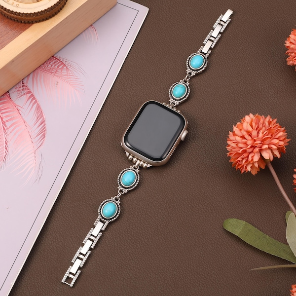 Correa turquesa estilo bohemio para Apple Watch: Correa de acero inoxidable estilo western hecha a mano para iWatch