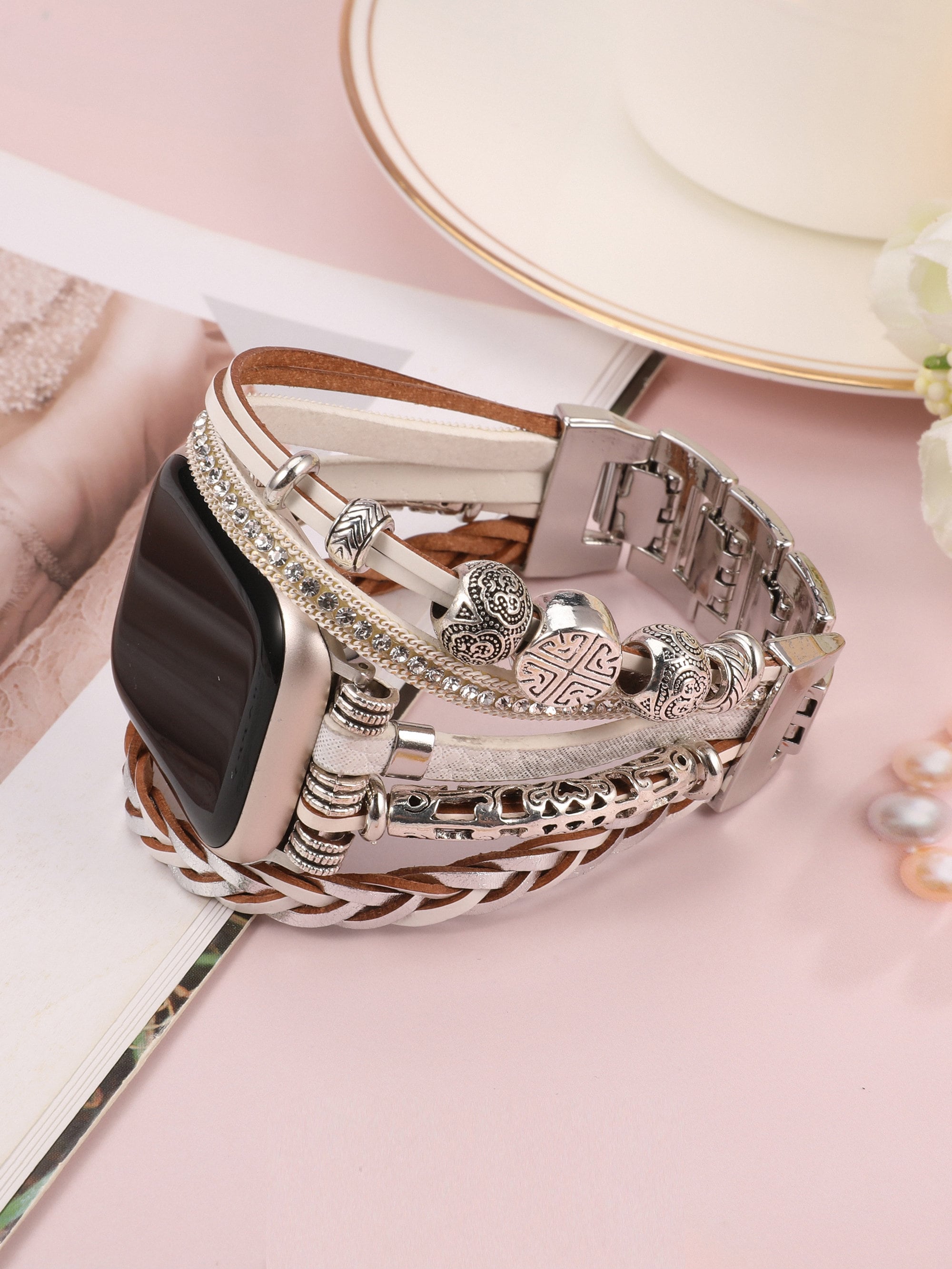 Leather Band Apple Watch Band 38mm 40mm 41mm 42mm 44mm 45mm 49mm Women, Multilayer Boho Bead Wrap Weave Leather Strap for iWatch Band Series