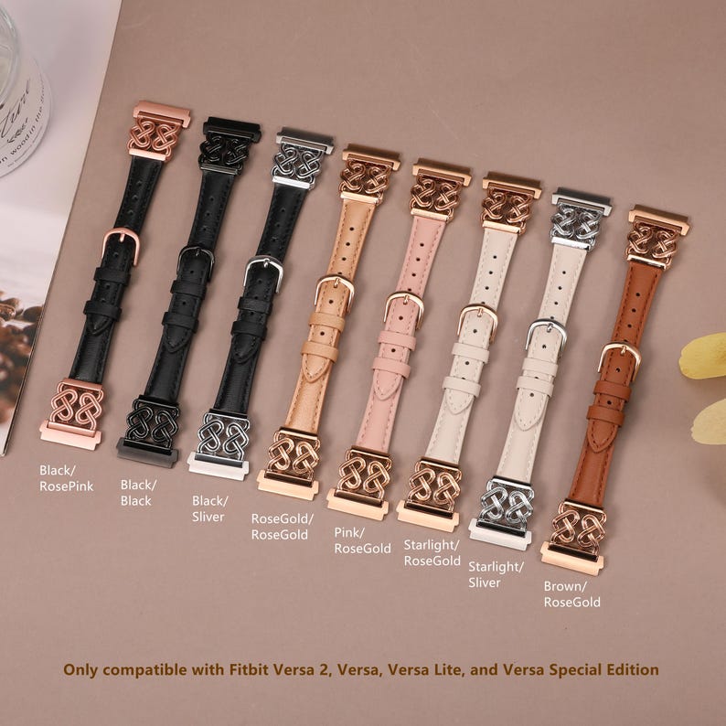 May include: Eight different colored leather watch bands with a decorative knot design. The bands are available in black, silver, rose gold, pink, starlight, and brown.