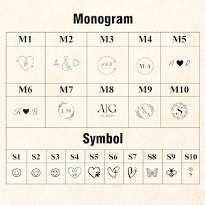 May include: A chart with 10 monogram options and 10 symbol options. The monogram options include initials, ampersands, hearts, and dates. The symbol options include a smiley face, a heart with a paw print, a cross, a butterfly, and a bee.
