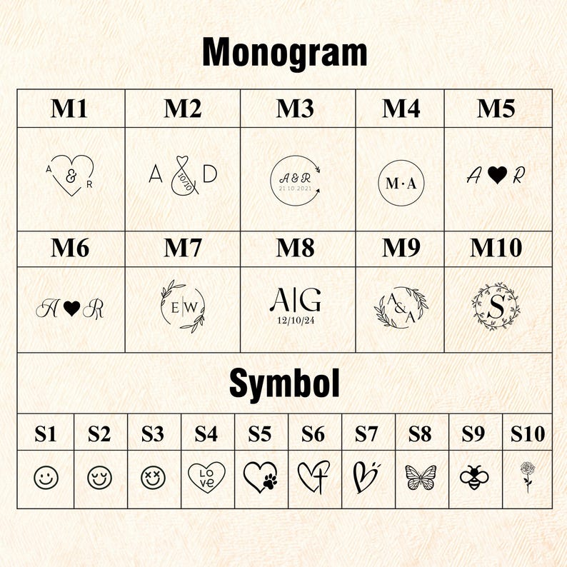 May include: A chart with 10 monogram options and 10 symbol options. The monogram options include initials, ampersands, hearts, and dates. The symbol options include a smiley face, a heart with a paw print, a cross, a butterfly, and a bee.