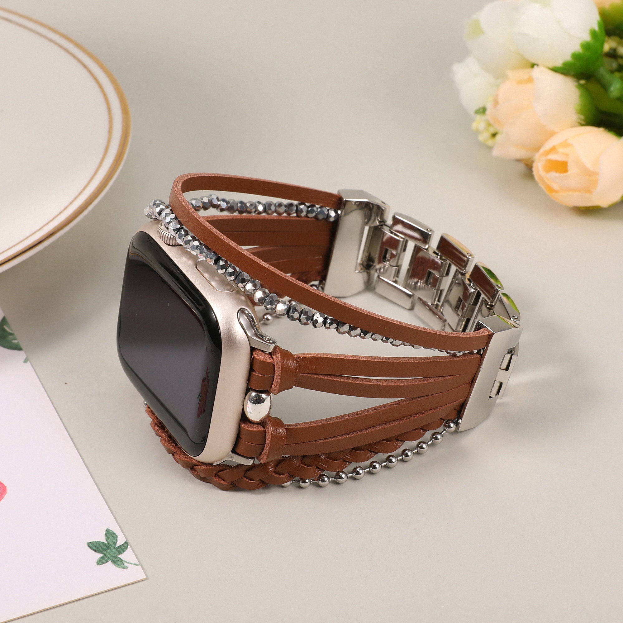 Leather Apple Watch Band 38mm 40mm 41mm 42mm 44mm 45mm 49mm Women , Handcrafted Boho Braided Bracelets Multilayer Wrap Strap iWatch Band
