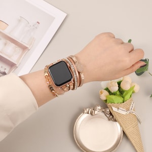 Boho Leather Bracelet Apple Watch Band 38/40/41/42/44/45/49mm Women Leather Multilayer Wrap Strap With Gemstone Crystals for iWatch Series zdjęcie 2