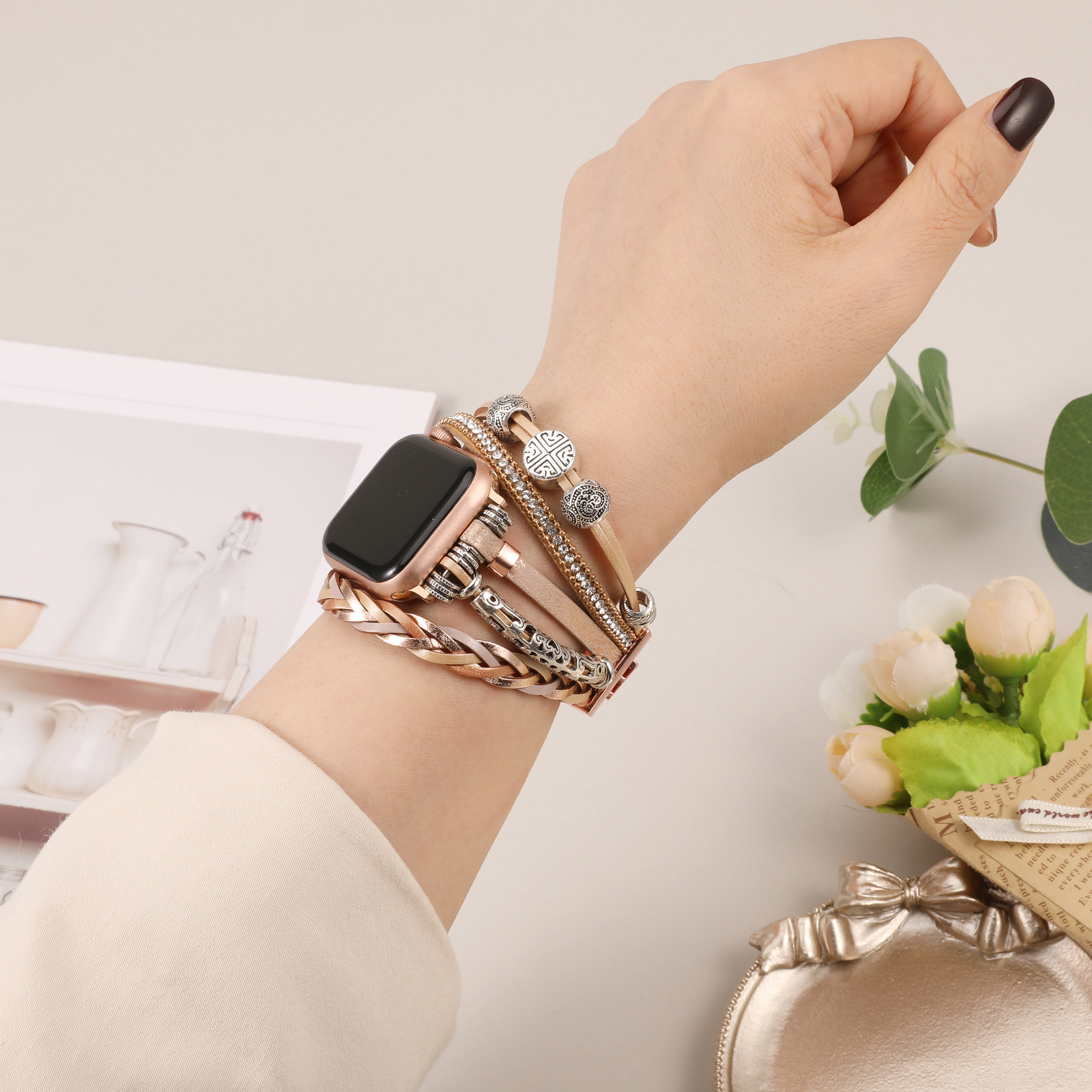 Leather Band Apple Watch Band 38mm 40mm 41mm 42mm 44mm 45mm 49mm Women, Multilayer Boho Bead Wrap Weave Leather Strap for iWatch Band Series