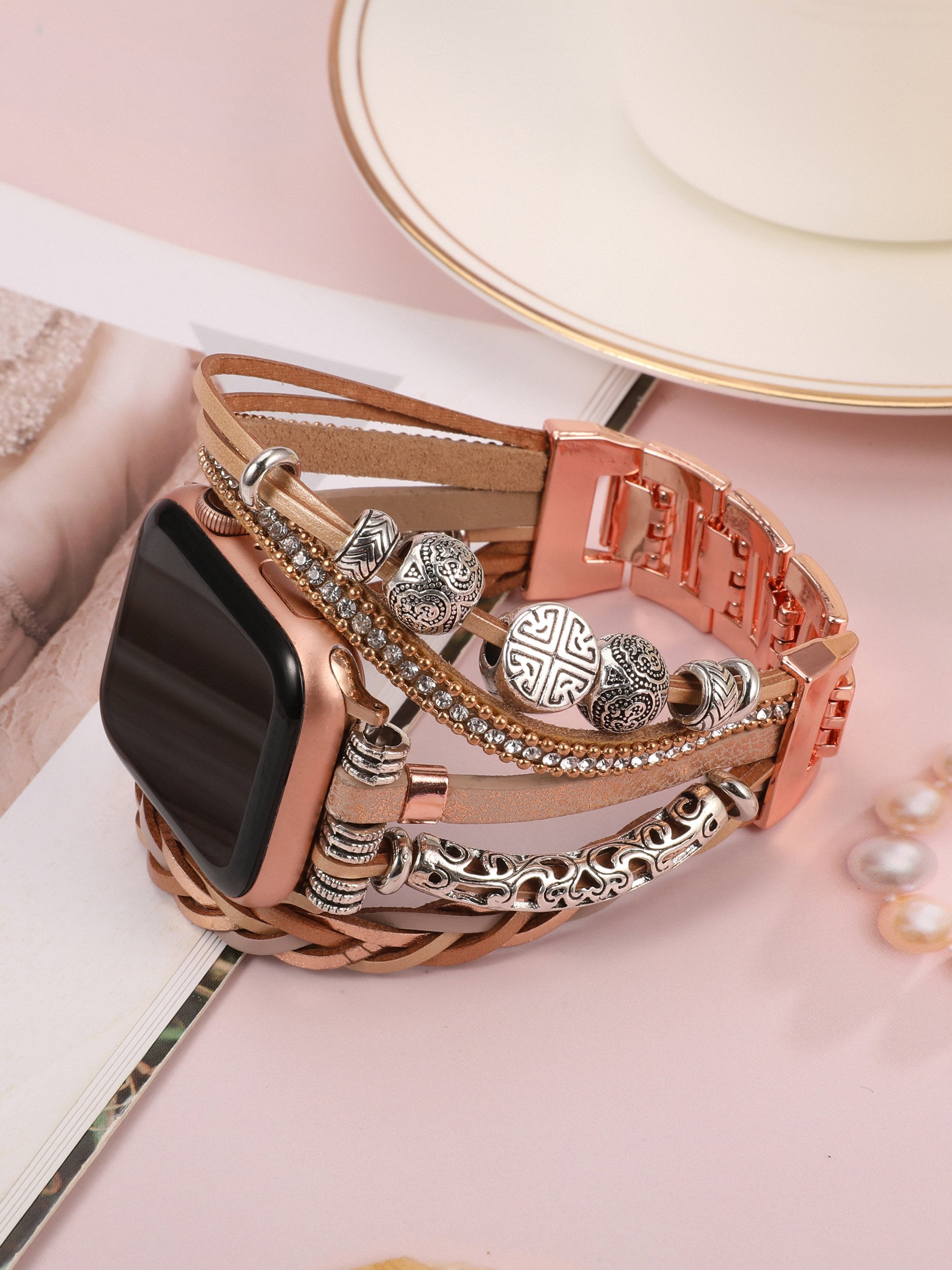 Leather Band Apple Watch Band 38mm 40mm 41mm 42mm 44mm 45mm 49mm Women, Multilayer Boho Bead Wrap Weave Leather Strap for iWatch Band Series