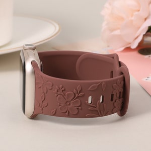 Floral Engraved Bands Apple Watch Band 40mm 41mm 38mm 42mm 44mm 45mm 49mm Women,Silicone Embossed Cherry Blossoms Band iWatch Series 9 8 7-1 Smoke Purple