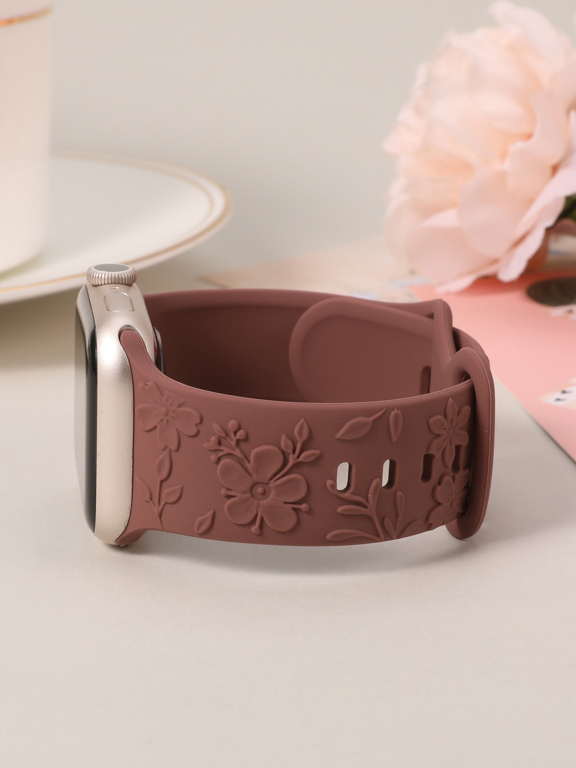 Floral Engraved Bands Apple Watch Band 40mm 41mm 38mm 42mm 44mm 45mm 49mm Women,Silicone Embossed Cherry Blossoms Band iWatch Series 9 8 7-1