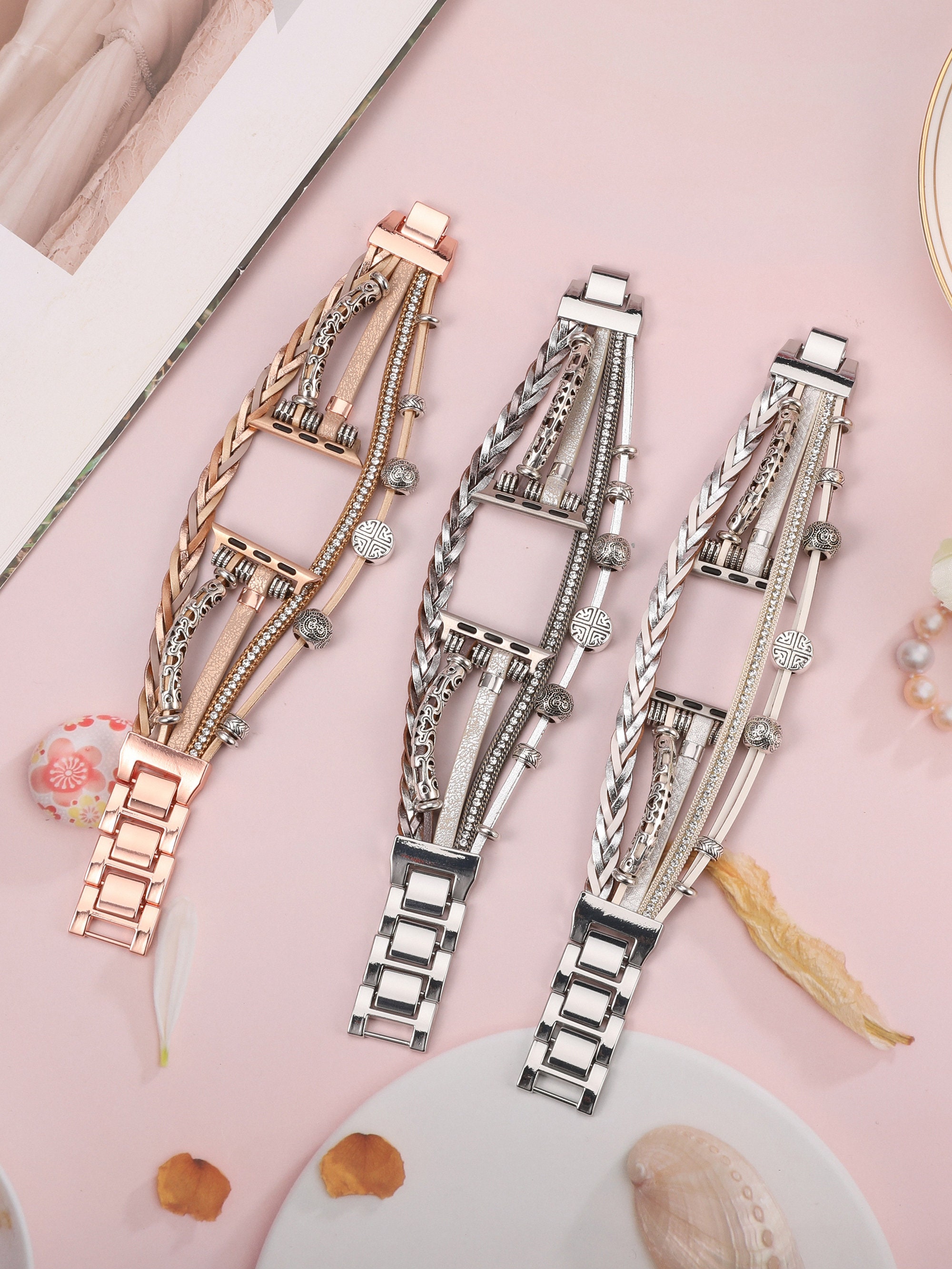 Leather Band Apple Watch Band 38mm 40mm 41mm 42mm 44mm 45mm 49mm Women, Multilayer Boho Bead Wrap Weave Leather Strap for iWatch Band Series