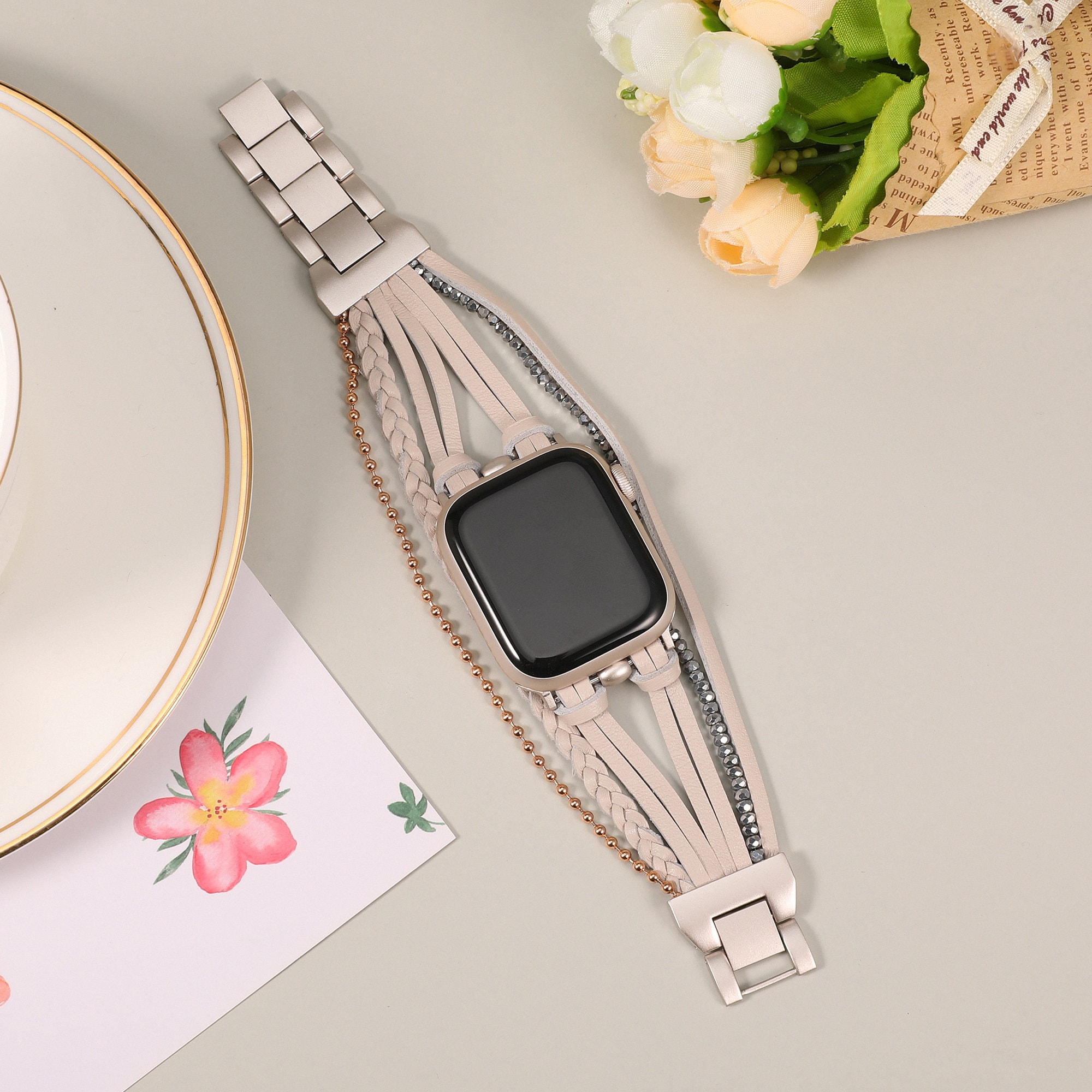 Leather Apple Watch Band 38mm 40mm 41mm 42mm 44mm 45mm 49mm Women , Handcrafted Boho Braided Bracelets Multilayer Wrap Strap iWatch Band