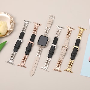 Apple Watch Band Leather 38mm 40mm 41mm 42mm 44mm 45mm 49mmUltra,Dressy Leather Strap with Stainless Chain for iWatch Bands Series 9 8-1SE image 6