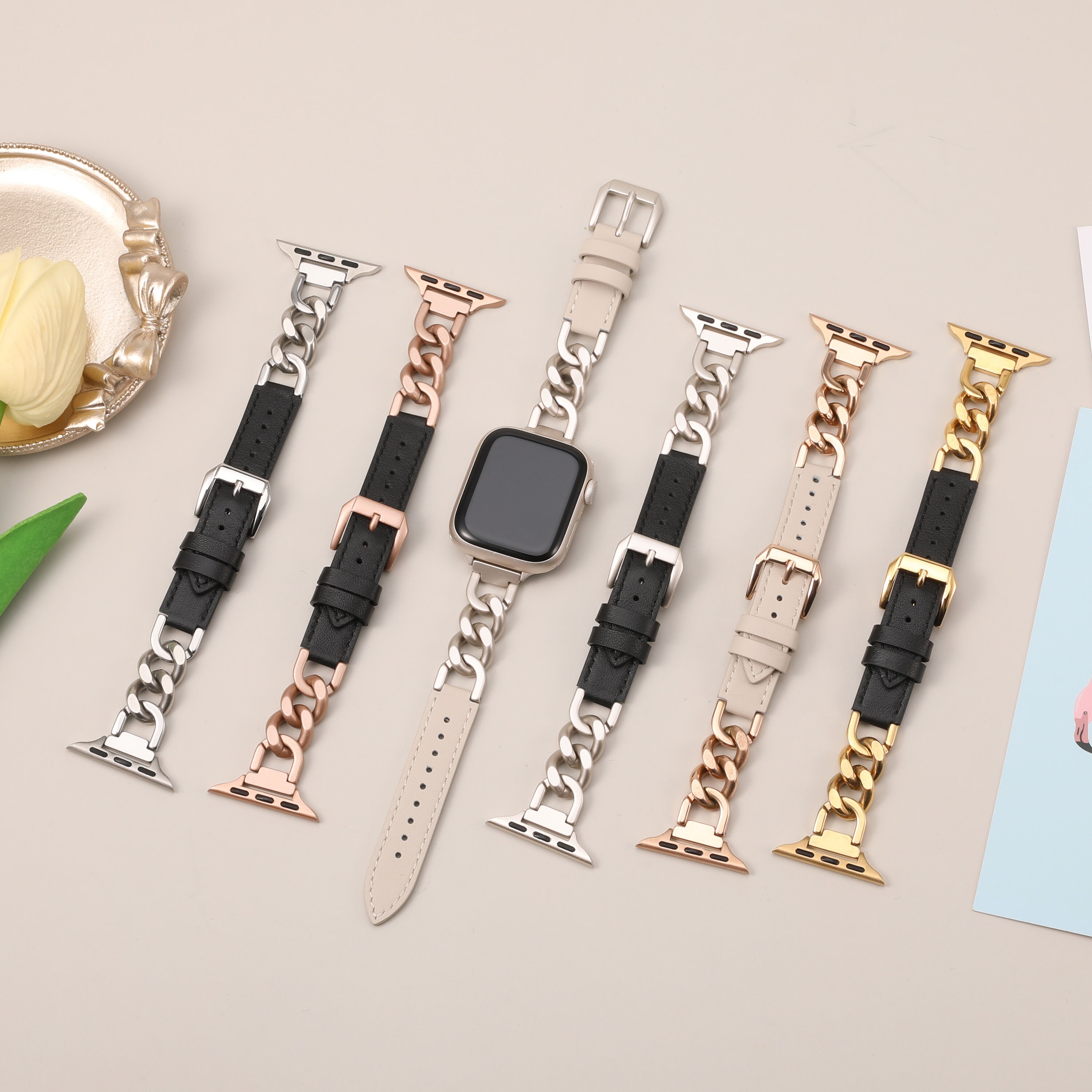 Leather Apple Watch Band With Stainless Chain: Dressy Iwatch  display picture 1