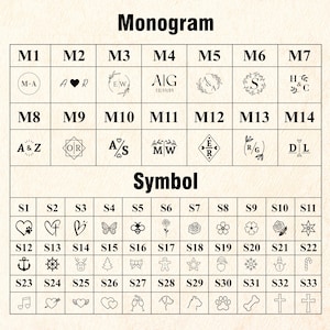 May include: A grid showing monogram and symbol choices for custom products. The top part presents monograms with initials and dates. The bottom section displays diverse symbols, such as hearts, animals, and festive icons.
