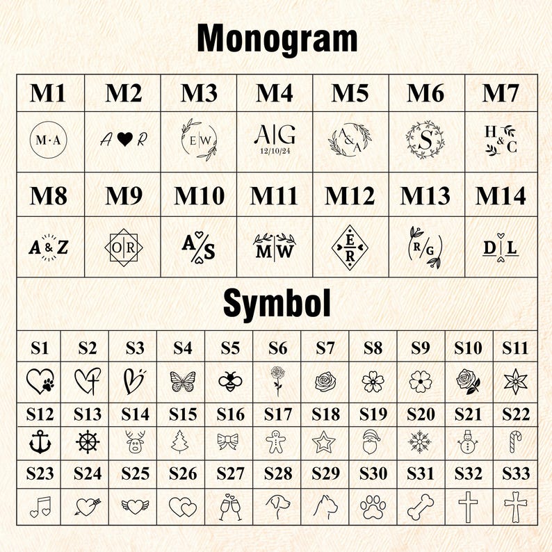 May include: A grid showing monogram and symbol choices for custom products. The top part presents monograms with initials and dates. The bottom section displays diverse symbols, such as hearts, animals, and festive icons.