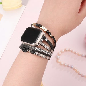 Boho Leather Bracelet Apple Watch Band 38/40/41/42/44/45/49mm Women Leather Multilayer Wrap Strap With Gemstone Crystals for iWatch Series image 10