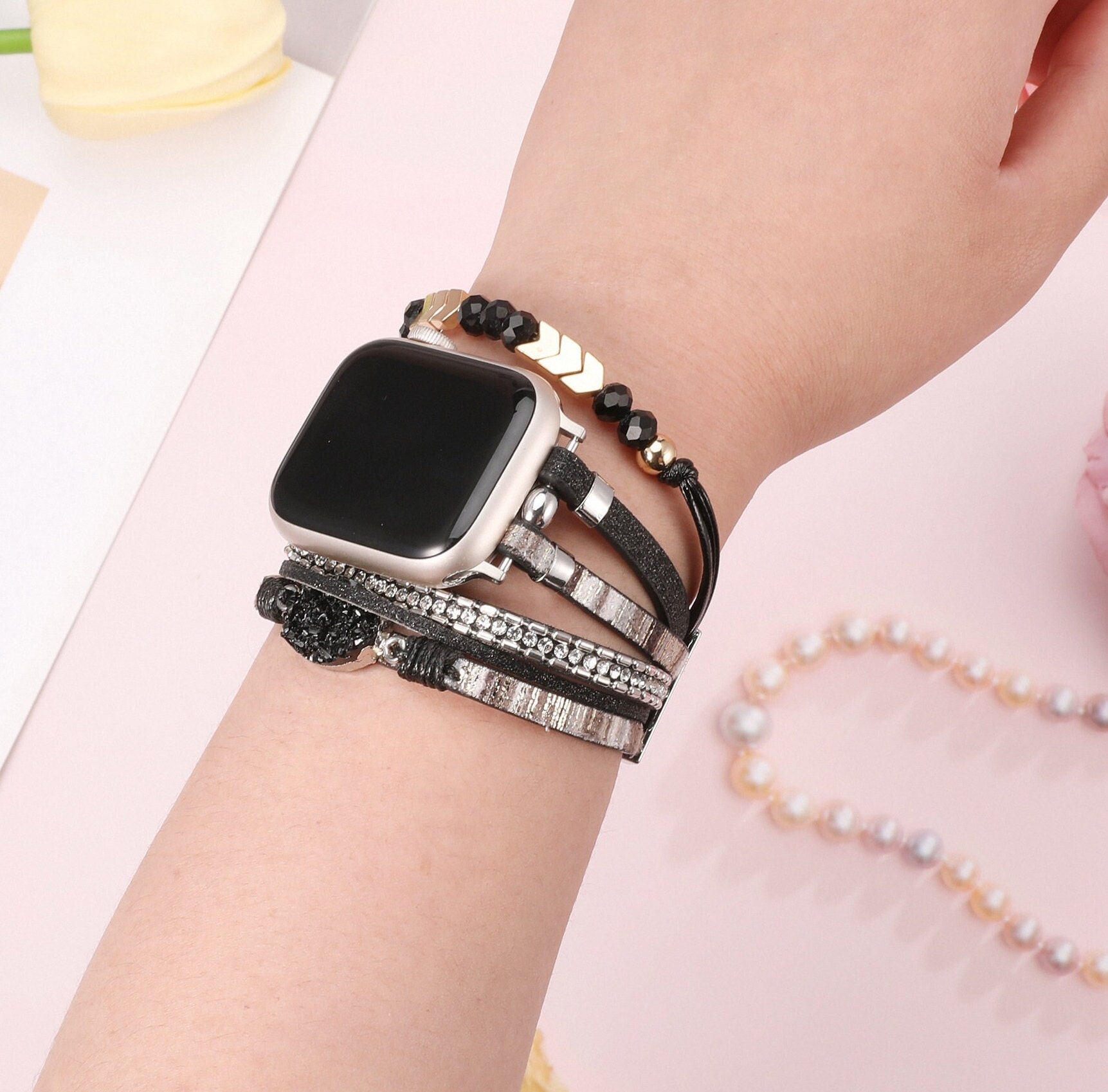 Boho Leather Bracelet Apple Watch Band 38/40/41/42/44/45/49mm Women Leather Multilayer Wrap Strap With Gemstone Crystals for iWatch Series