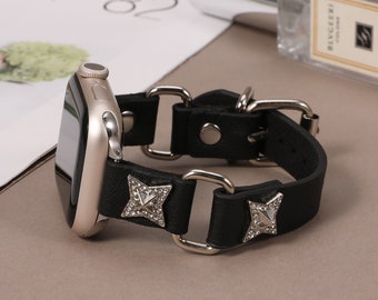 Punk Slim Leather Bands Apple Watch Band 49/47/45/44/42/40/41/38mm,Cool Gothic Style Wristband for Men Women iWatch Series 9 8 7 6-1SE Ultra