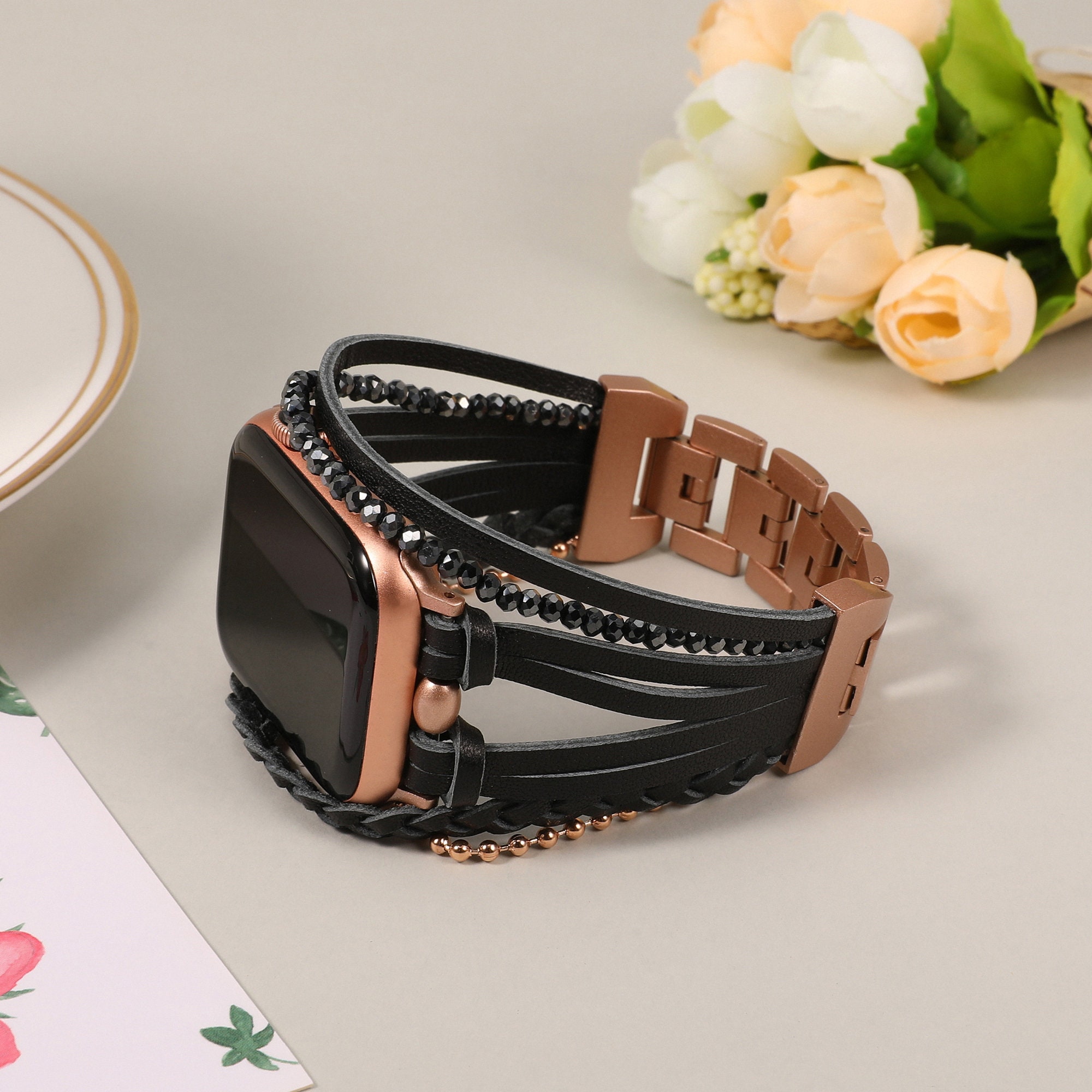 Leather Apple Watch Band 38mm 40mm 41mm 42mm 44mm 45mm 49mm Women , Handcrafted Boho Braided Bracelets Multilayer Wrap Strap iWatch Band