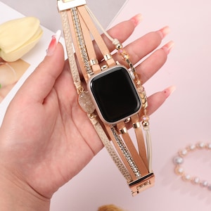 Boho Leather Bracelet Apple Watch Band 38/40/41/42/44/45/49mm Women Leather Multilayer Wrap Strap With Gemstone Crystals for iWatch Series image 9