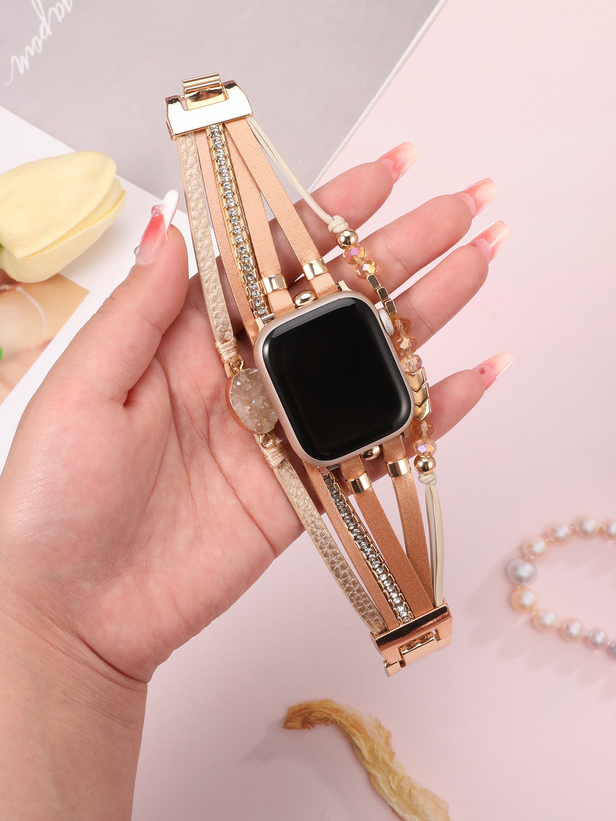 Boho Leather Bracelet Apple Watch Band 38/40/41/42/44/45/49mm Women Leather Multilayer Wrap Strap With Gemstone Crystals for iWatch Series