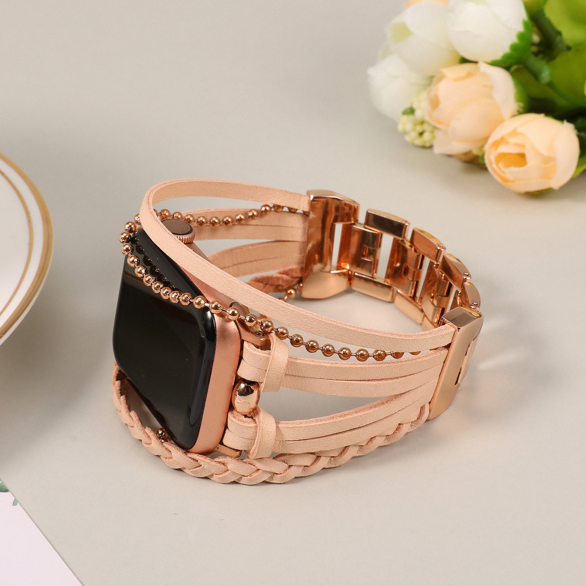 Leather Apple Watch Band 38mm 40mm 41mm 42mm 44mm 45mm 49mm Women , Handcrafted Boho Braided Bracelets Multilayer Wrap Strap iWatch Band